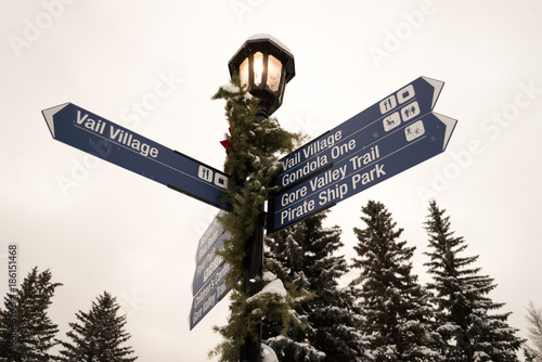 A sign in Vail, Colorado during the winter.  photo