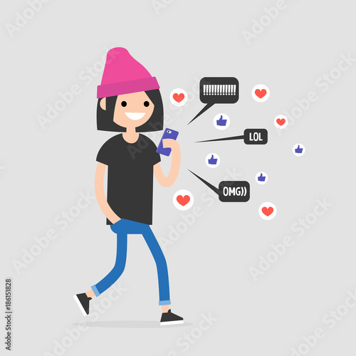 Young female walking character checking the pop up notifications on the mobile phone. Millennial lifestyle. Internet. Flat editable vector illustration, clip art