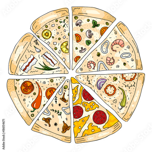 Pizza slices of different kinds: pepperoni, sea food, chilie, bacon. Vector illustration colored on white background