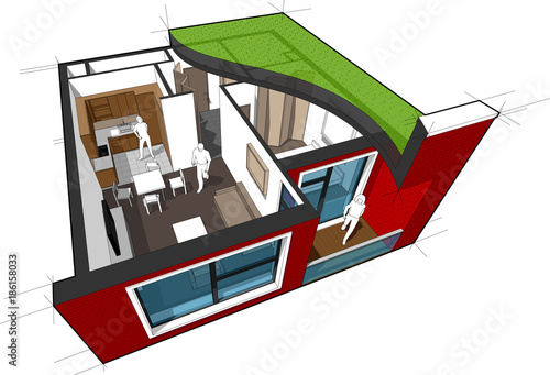 Perspective cutaway diagram of a one bedroom apartment completely furnished with flat roof cutaway over it
