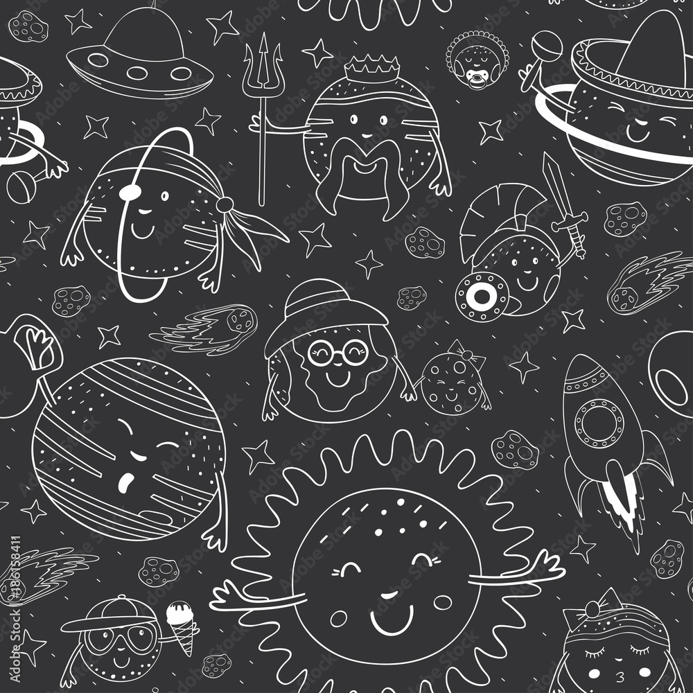 seamless pattern with black and white cartoon solar system - vector