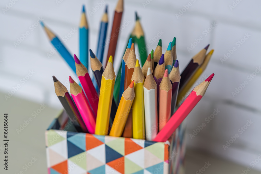 closeup of colorful pencils in pencil case closeup of colorful pencils in pencil case