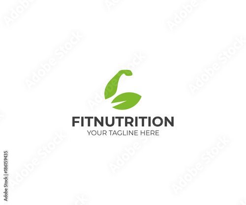 Biceps and Leaf Logo Template. Sports Nutrition Vector Design. Muscles Illustration