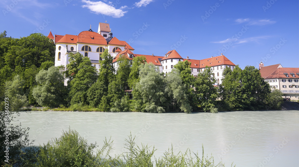 Monastery and Lech River in Fussen in Bavaria, Germany