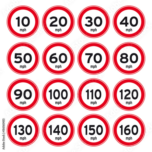 Speed limit traffic road miles per hour mph sign set
