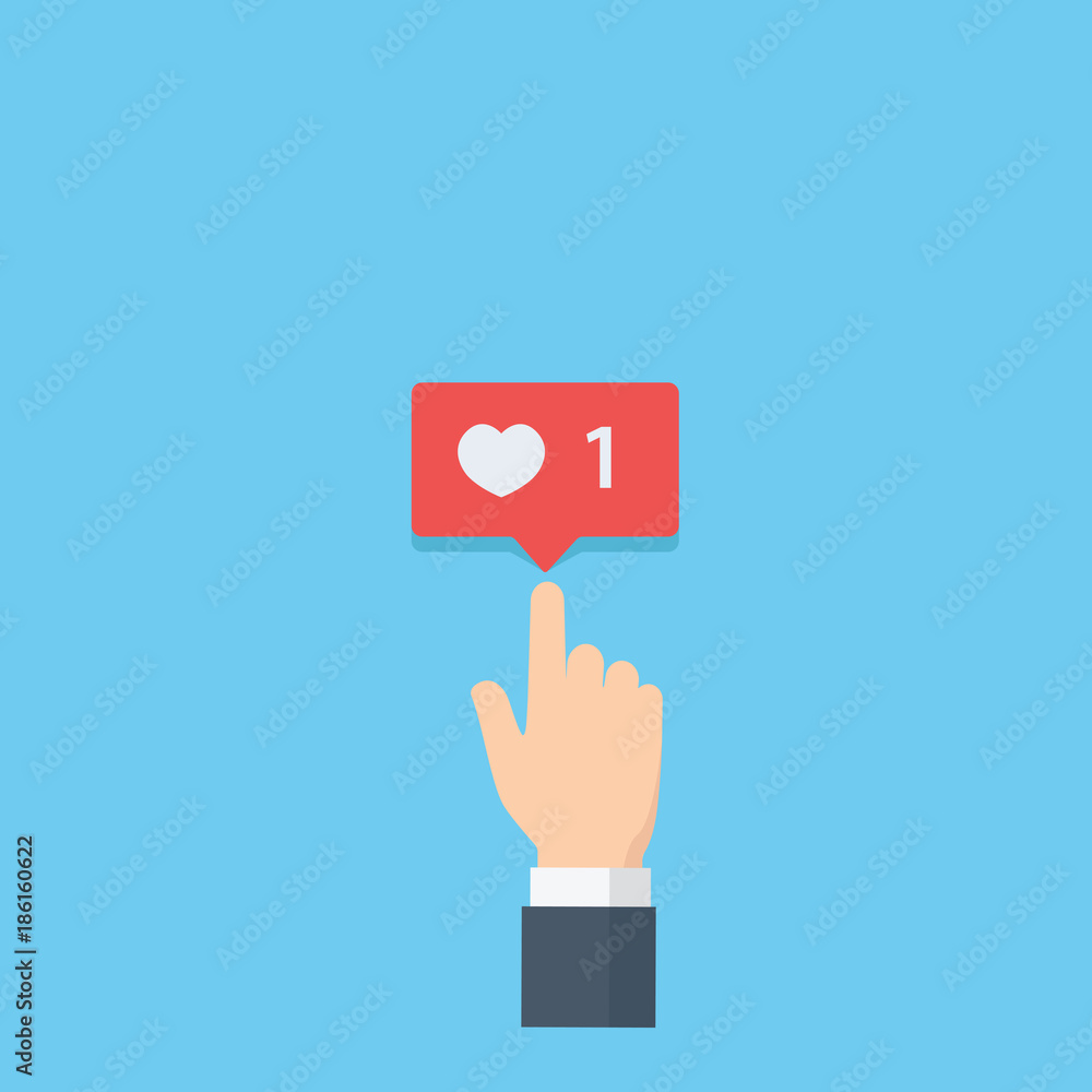 Hand giving love rating on social media, Pointing hand and love bubble notification, heart like notification Hand giving love rating on social media, Pointing hand and love bubble notification, heart like notification