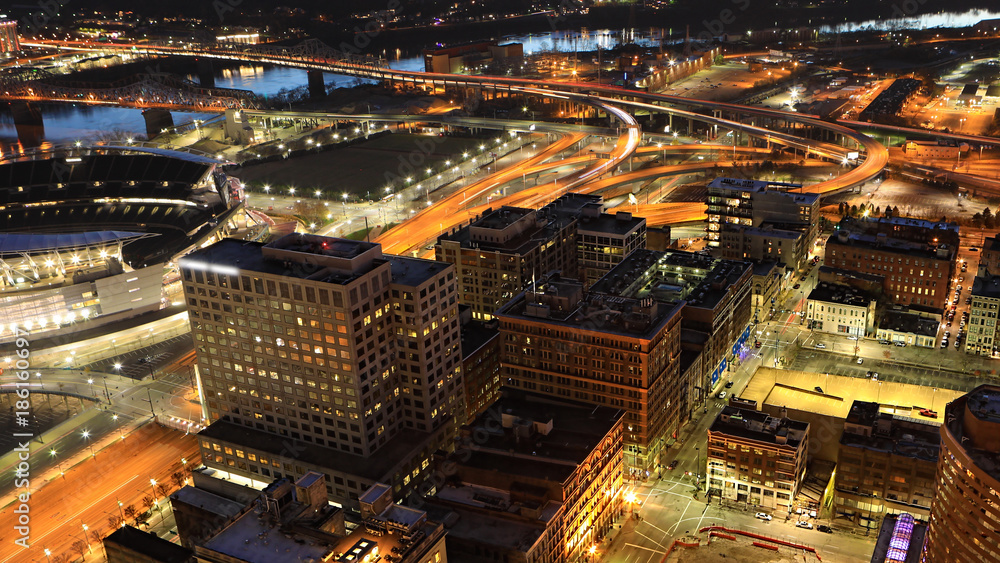 Aerial of Cincinnati, Ohio at night
