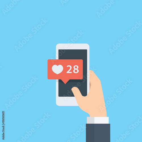 Hand giving like rating on social media with smartphone, Pointing hand and love bubble notification, heart like notification