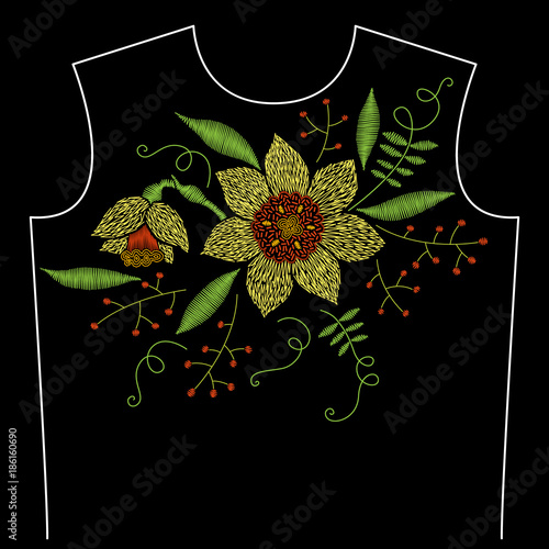 Fototapeta Naklejka Na Ścianę i Meble -  Embroidery neck line pattern with narcissus and berries