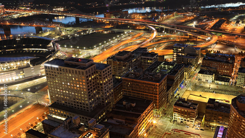 Aerial of Cincinnati, Ohio at night