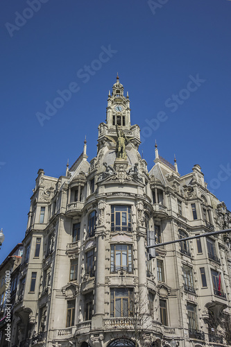 View of "A Nacional" building – old Building of Insurance Company at the Liberty Square (Avenida dos Aliados). Porto, Portugal.