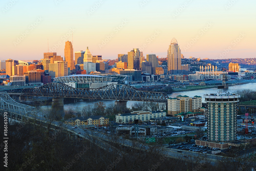 View of the Cincinnati skyline at dusk