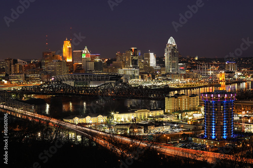 View of the Cincinnati skyline after dark