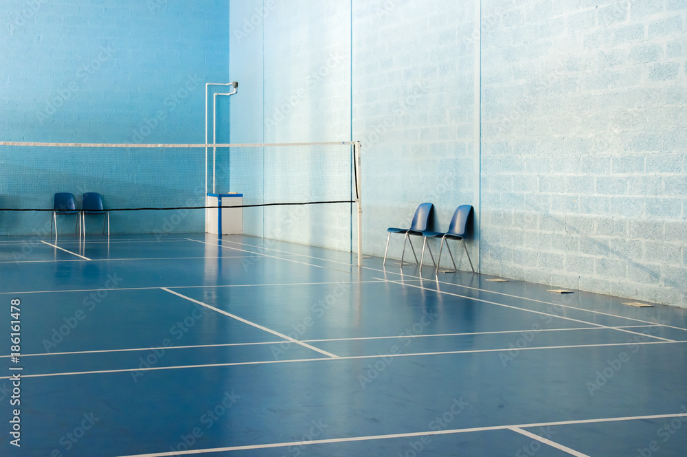 blue badminton arena with white lines and chairs. Brick wall and air  heating system in badminton court Stock Photo | Adobe Stock