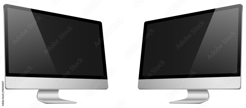 Realistic 3D Computer right and left view, with a black screen, isolated on a white background. - obrazy, fototapety, plakaty 