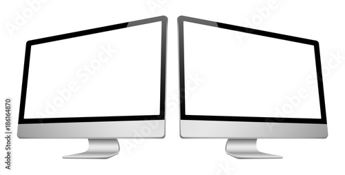 Realistic 3D Computer right and left view, with a white screen, isolated on a white background.