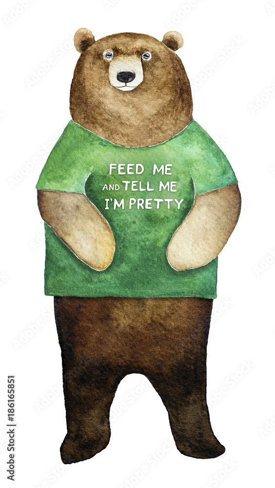 Standing brown bear character wearing green colored human t-shirt with funny  quote 
