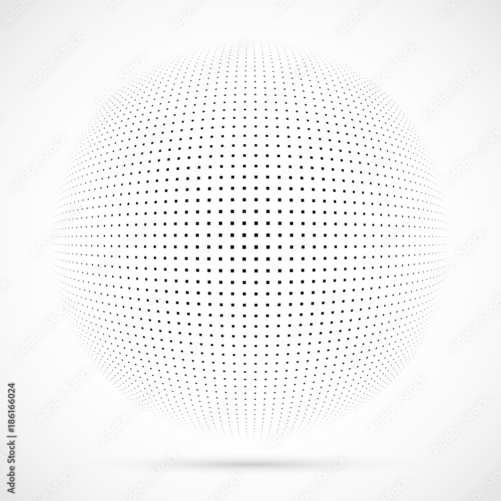 White 3D vector halftone sphere.Dotted spherical background.Logo template with shadow.Square dots isolated on the white background.