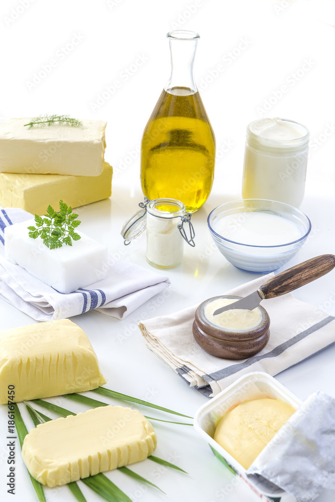 food Fats: set of dairy product and oil on white background food Fats: set of dairy product and oil on white background