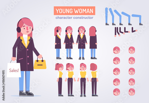 Happy ypung womanl character with various views, face emotions, poses . Front, side, back view animated character. Vector clip art