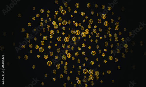 Bitcoins security business background. Bitcoin crypto mining visualization. Business wallet background, security currency exchange, vector model. Crypto virtual payment finance. Gold money trading.