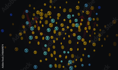 Bitcoins security business background. Bitcoin crypto mining visualization. Business wallet background, security currency exchange, vector model. Crypto virtual payment finance. Gold money trading.