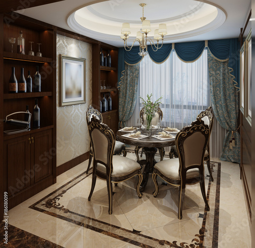Interior dining room in a classic style 3d illustration