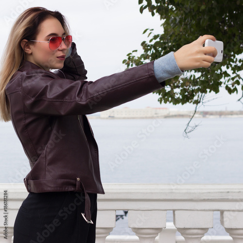 Young pretty girl, selfie, outdoor  