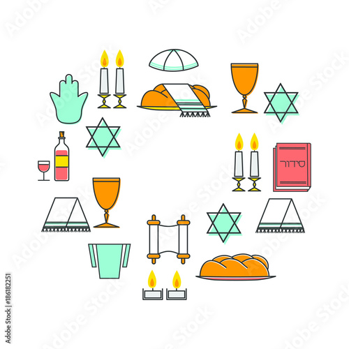 Shabbat shalom greeting card. Star of David, candles, kiddush cup and challah. Vector illustration. Isolated on white.