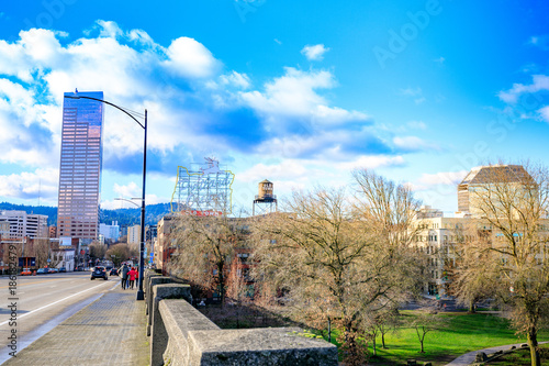 Road view on Burnside Bridge, over the Williamette River photo