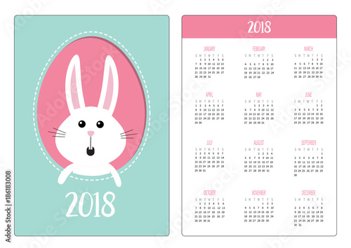 Pocket calendar 2018 year. Week starts Sunday. Happy Easter. Bunny rabbit hare inside egg frame window. Cute cartoon character. Surprised emotion. Blue background. Flat design.