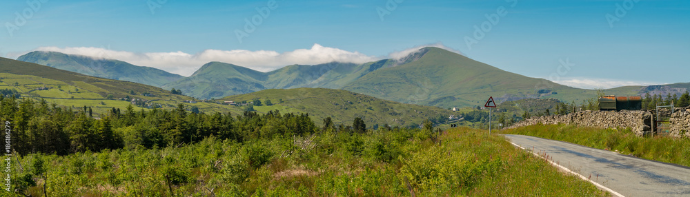 View over Snowdonia landscape from a country road near Deiniolen, Gwynedd, Wales, UK