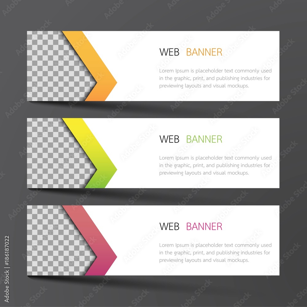Fototapeta premium Web banner set design. Inspired by abstract, three color that green orange and purple on the gray background .Vector illustration.