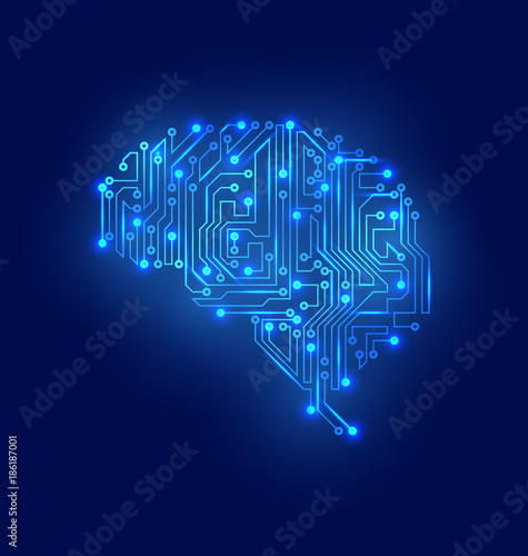 Stylized Brain. Circuit Board Texture, Electricity Mind