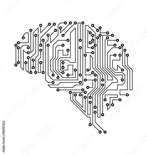 Stylized Brain. Circuit Board Texture, Electricity Mind