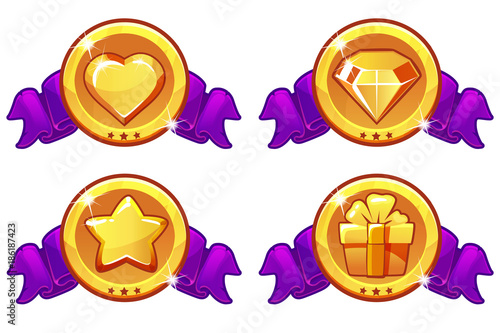 Collection cartoon icon design for game, UI, banner, design for app, interface, game development. Vector star, heat, gift and diamond icons set photo