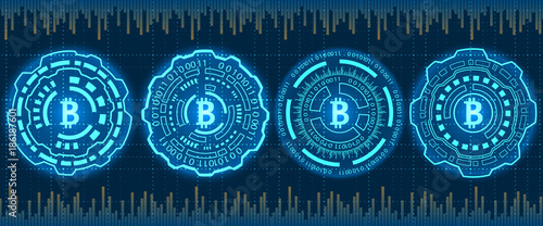 Mining Bitcoin Crypto Currency, BTC, Bit-coin. Futuristic Money. Blockchain. Processing Binary Data Arrays Operation