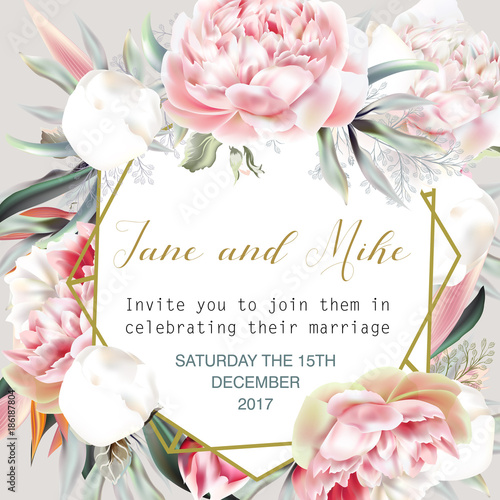 Beautiful wedding invitation card or save the date with peach peony, leafs and tropical plants