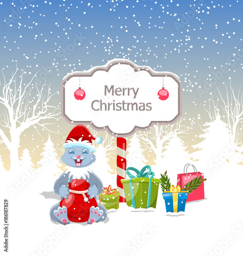Christmas Rabbit with Present Boxes  Santa Bag  Xmas and New Year Design