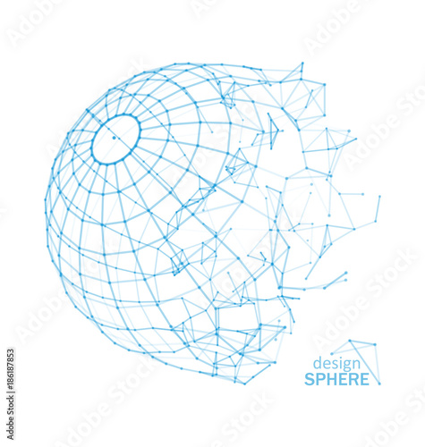 Broken Wireframe Sphere. Fractured Geometric Form. Lines Network Polygons of Circle