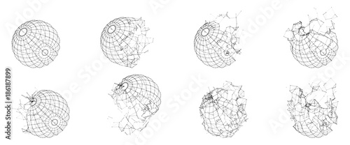 Broken Polygonal Wireframe Sphere. Fractured Geometric Form. Lines Network Polygons of Circle