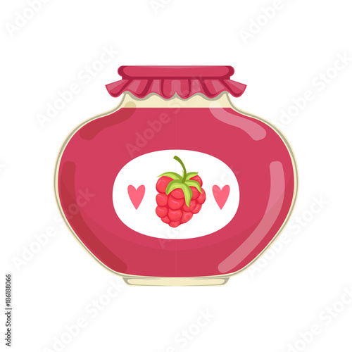 Delicious raspberry jam in glass jar with brand label. Concept of organic product. Bank with canned fruit. Flat vector design for advertising placard or flyer