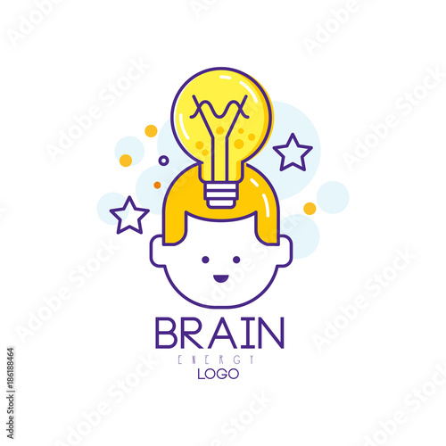 Linear vector logo design with child head, light bulb and stars. Kids education. Concept of thinking and creative idea. Brain energy symbol. Generation of knowledge. Children early development