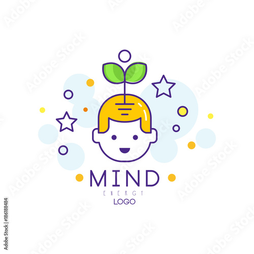 Outline vector logo design with sprout coming out of child head. Mind energy and growth concept. Children early education and development. Creative brain