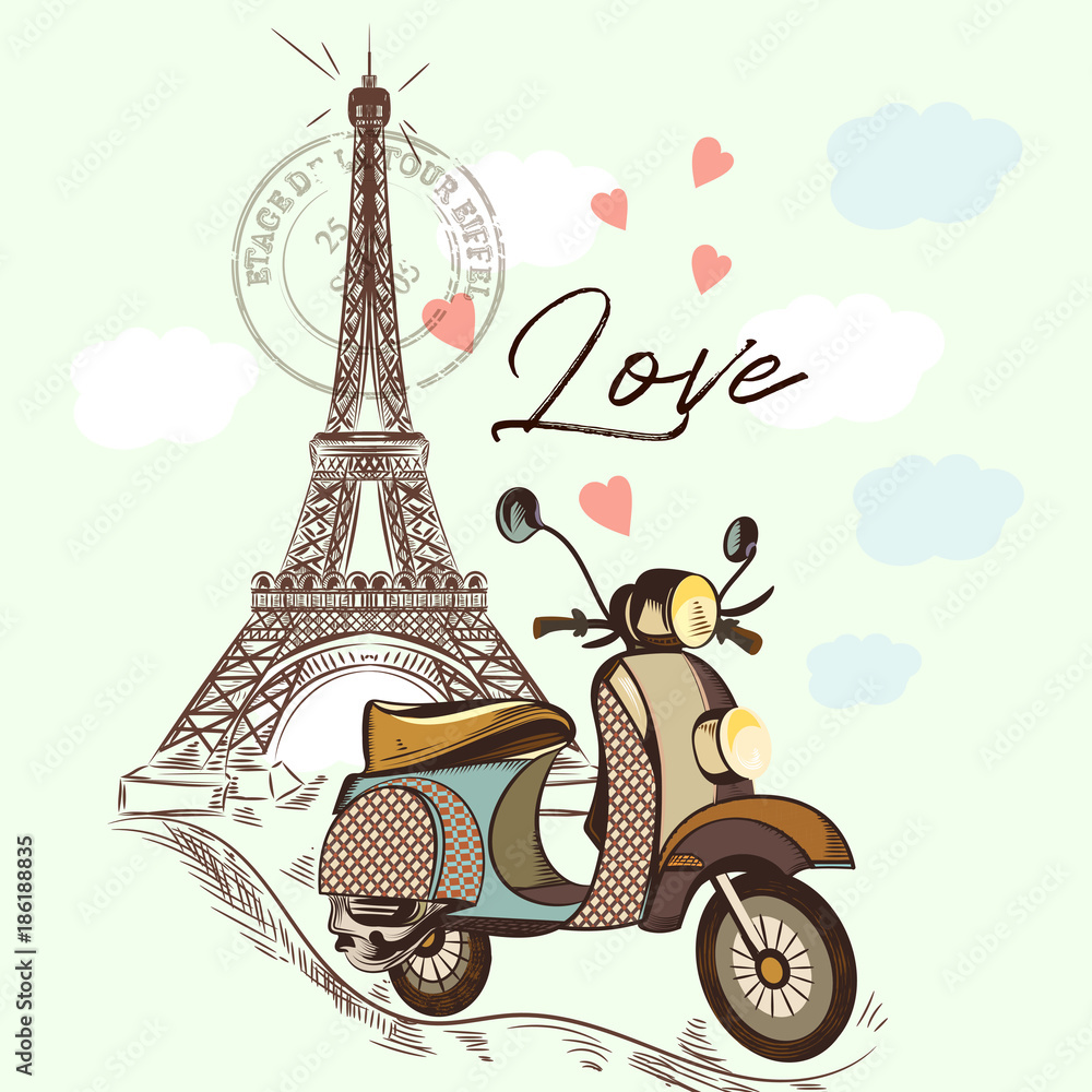 Cute fashion illustration with Eifel tower and bike