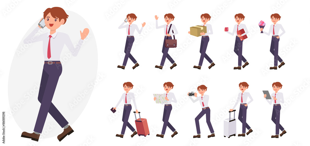 Cartoon character design male man collection in ten different pose and gesture