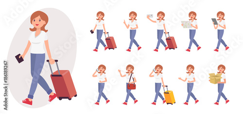 Cartoon character design female collection in ten different pose and gesture