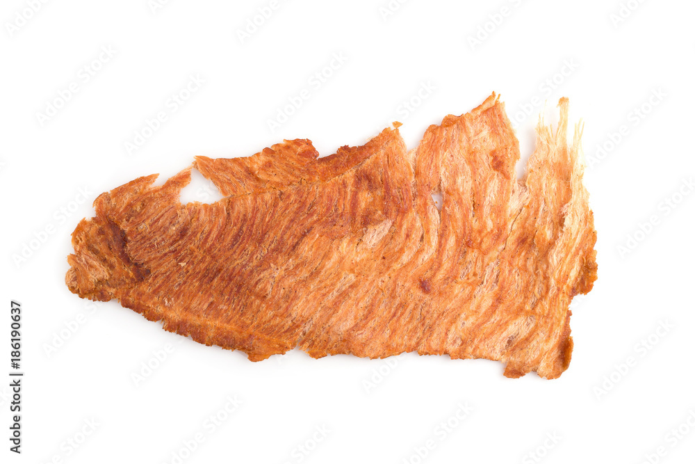 Pounded pork jerky, Dry pork pounding with meat tenderizer isolated on a white background Pounded pork jerky, Dry pork pounding with meat tenderizer isolated on a white background