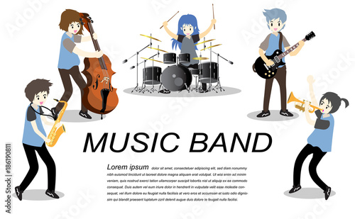 Musicians Jazz group ,Play guitar,Saxophoneist;trumpet player; guitarist, drummer, solo guitarist, bassist. Jazz band.Vector illustration isolated on background in cartoon style