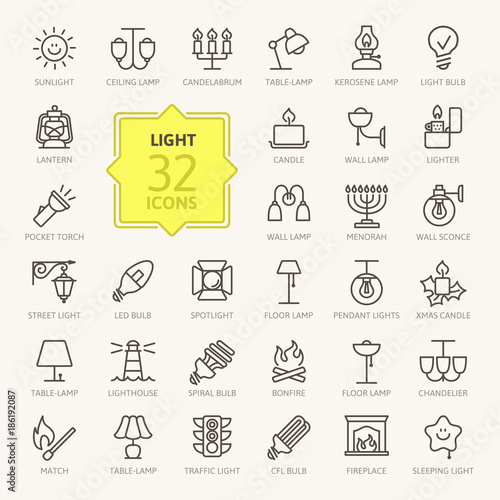 Lights web icon set - outline icon set, vector, thin line icons collection